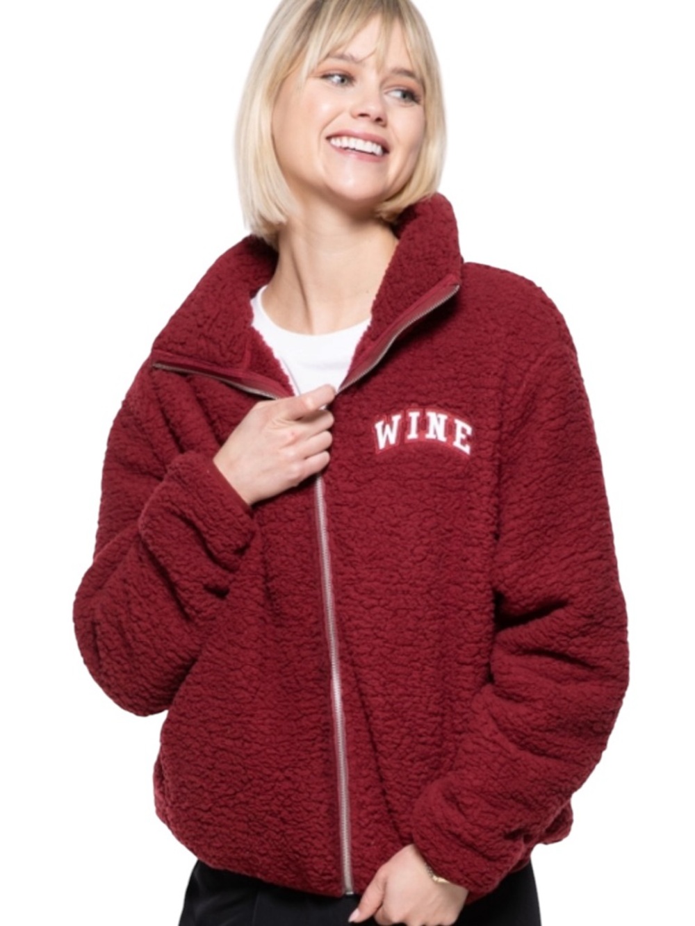 Sub_Urban Riot Wine Plush Collared Zip-Front Burgundy Sherpa Long Sleeve Jacket